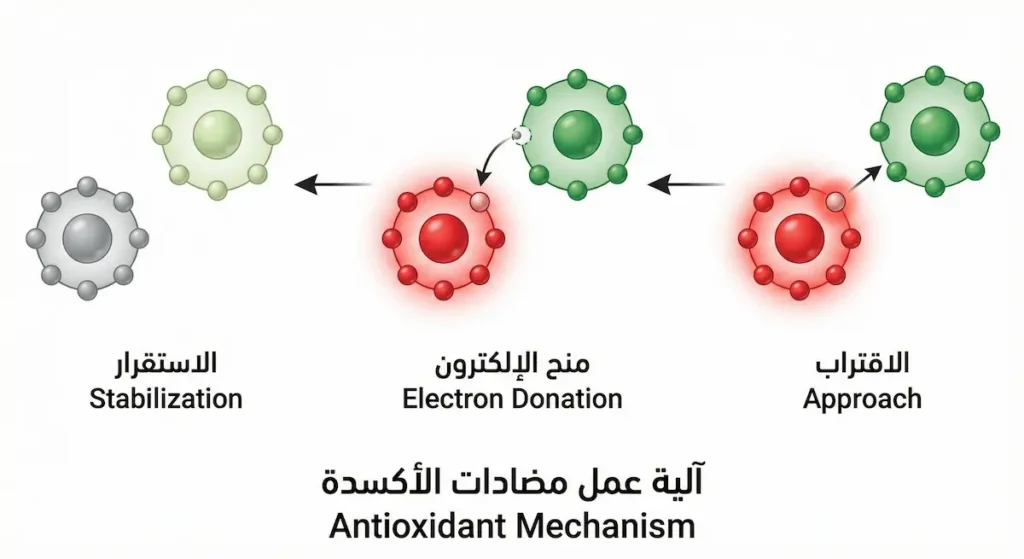 رسم توضيحي بثلاث مراحل يُظهر كيف يمنح مضاد الأكسدة إلكتروناً للجذر الحر فيُحوّله إلى جزيء مستقر دون أن يفقد هو استقراره