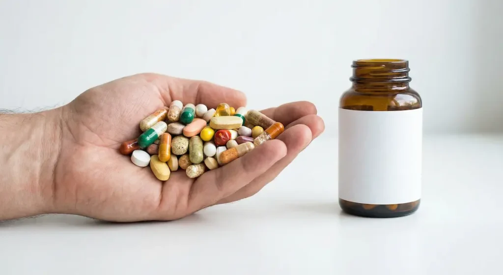 صورة واقعية ليد تحمل كمية كبيرة من كبسولات المكملات الغذائية تعبر عن مخاطر الإفراط في تناول مكملات مضادات الأكسدة