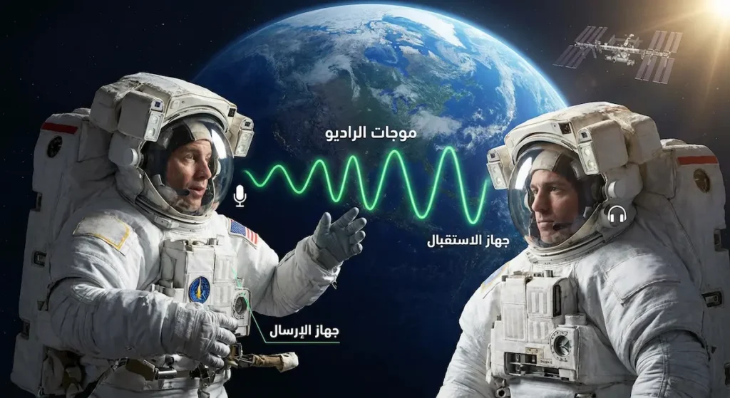  رائدا فضاء يتواصلان عبر أجهزة الراديو في الفضاء حيث تنتقل الموجات الكهرومغناطيسية بدلاً من الصوت