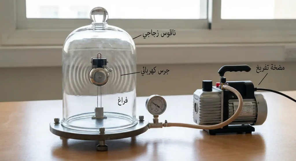 تجربة مختبرية تُظهر جرساً كهربائياً داخل ناقوس زجاجي متصل بمضخة تفريغ لإثبات أن الصوت لا ينتقل في الفراغ