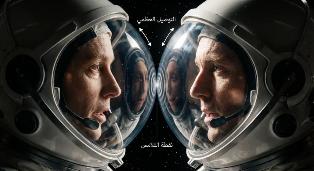 رائدا فضاء يتواصلان عبر تلامس خوذتيهما مما يسمح بانتقال الاهتزازات الصوتية