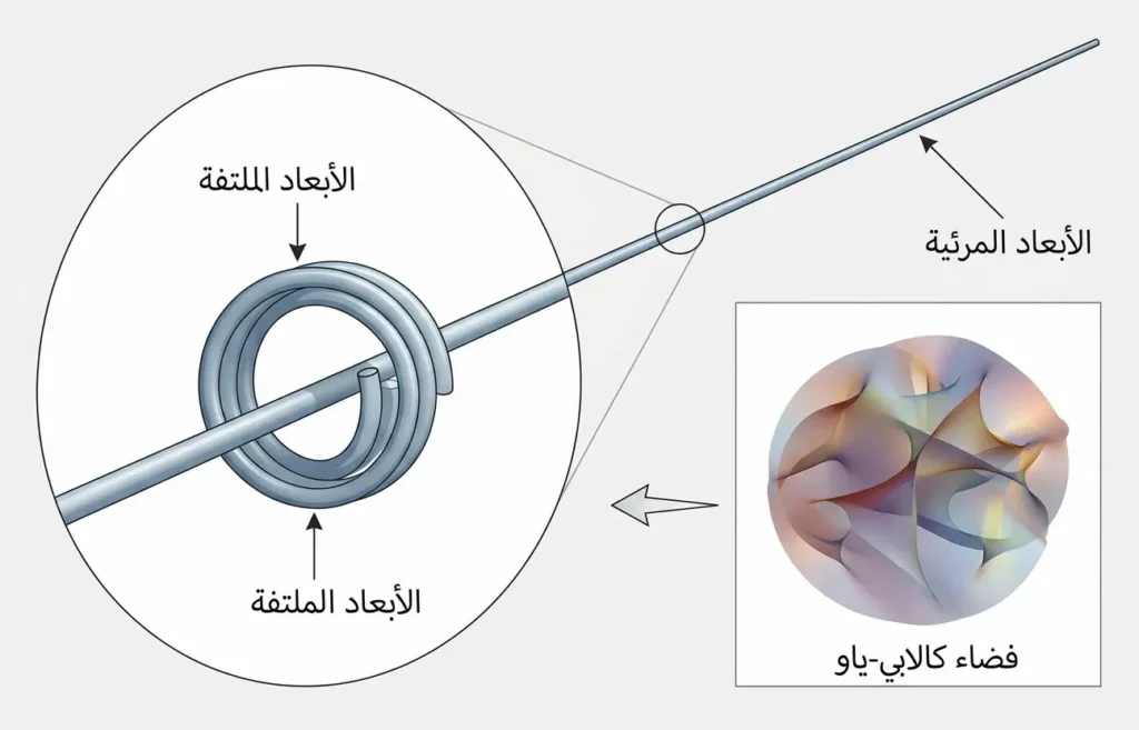 رسم يشرح كيف تبدو بعض الأبعاد مرئية بينما تظل أبعاد أخرى ملتفة وصغيرة جداً مع تمثيل لفضاء كالابي-ياو.