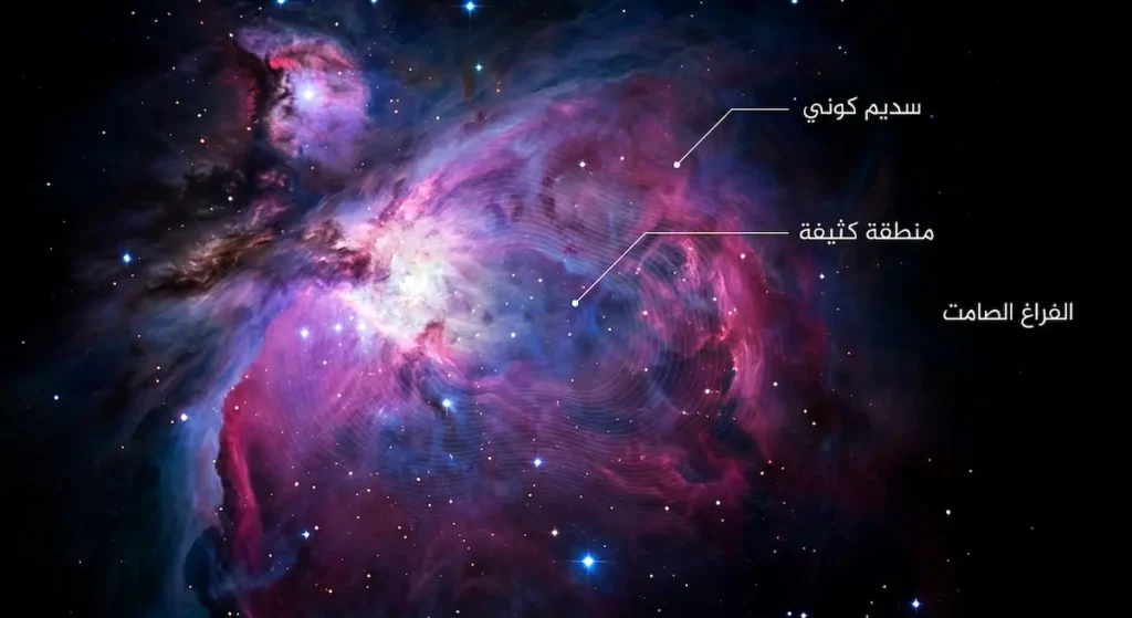 سديم كوني ملون محاط بالفراغ الأسود حيث يمكن نظرياً للصوت الانتقال داخل مناطقه الكثيفة