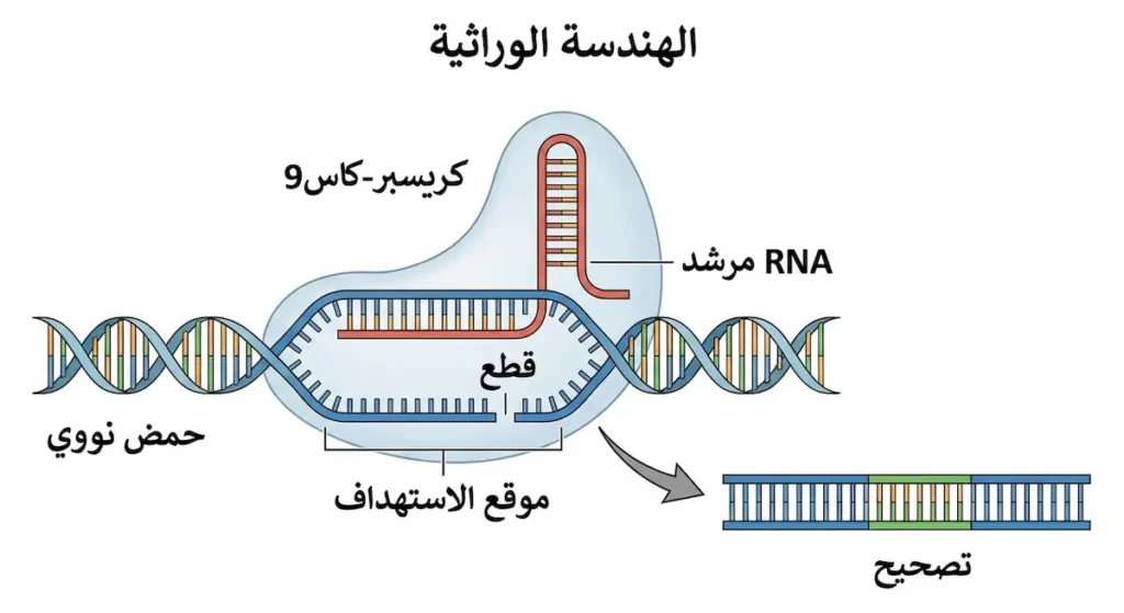  رسم يوضح كريسبر-كاس9 مع RNA مرشد يحدد موقع الاستهداف على DNA ثم يحدث قطعاً.