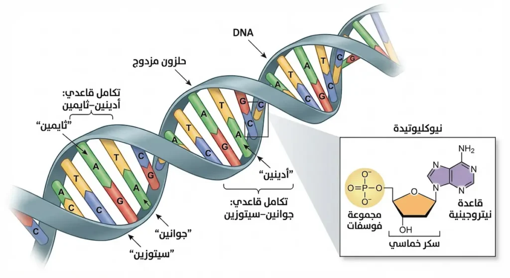 إنفوجرافيك لبنية DNA يبيّن الحلزون المزدوج والنيوكليوتيدة وأزواج القواعد النيتروجينية.