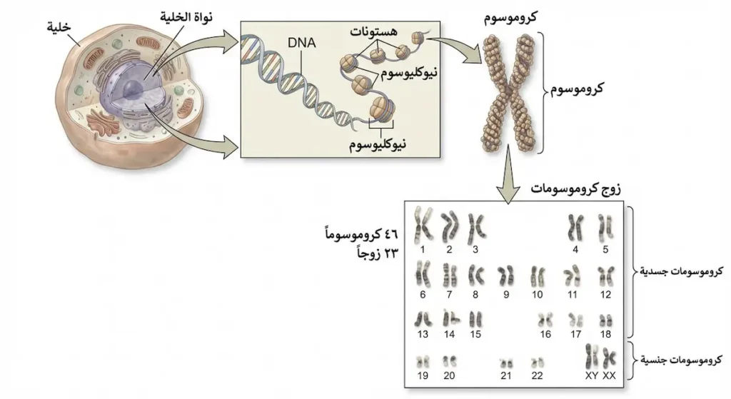 مخطط يوضح تنظيم DNA حول الهستونات وتكوّن النيوكليوسوم والكروموسوم داخل نواة الخلية.