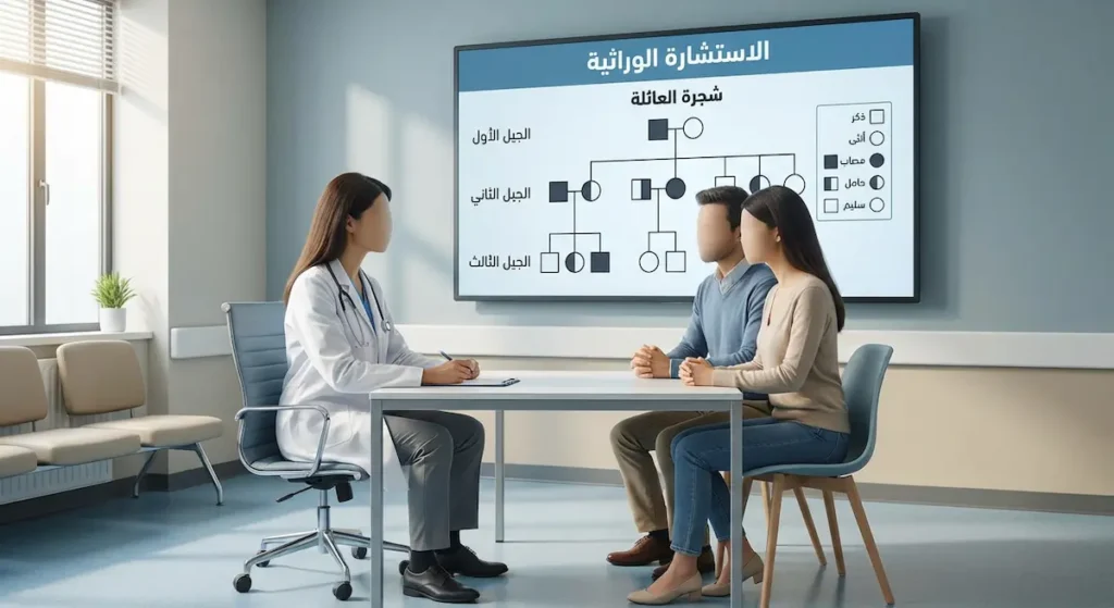 إنفوجرافيك لجلسة استشارة وراثية مع مخطط شجرة عائلة يوضح مصاباً وحاملاً وسليماً عبر ثلاثة أجيال