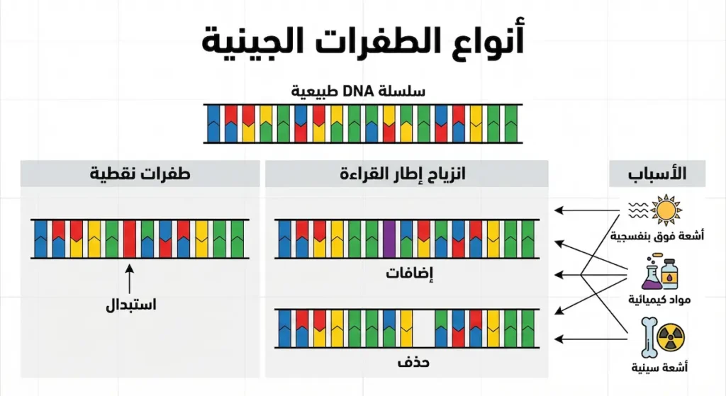 إنفوجرافيك يوضح الاستبدال والإضافة والحذف وانزياح إطار القراءة مع أسباب بيئية محتملة.