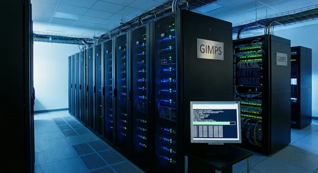 غرفة خوادم حاسوبية حديثة بأضواء زرقاء، تُمثل القوة الحسابية الموزعة المستخدمة في البحث عن أكبر الأعداد الأولية