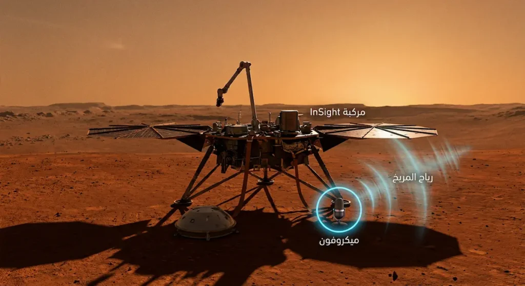 مركبة InSight على سطح المريخ مع ميكروفون يسجل صوت الرياح المريخية