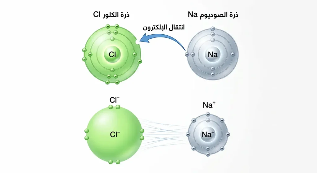 رسم توضيحي يُظهر انتقال إلكترون من ذرة الصوديوم إلى ذرة الكلور لتكوين أيونين متعاكسي الشحنة يترابطان بالرابطة الأيونية