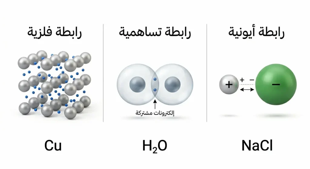 مقارنة بين الرابطة الأيونية والرابطة التساهمية والرابطة الفلزية من خلال تمثيل مرئي لآلية كل نوع مع مثال توضيحي