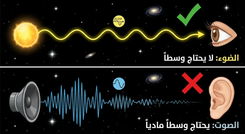 مقارنة توضيحية بين الموجات الكهرومغناطيسية التي تعبر الفراغ والموجات الصوتية التي تفشل في ذلك