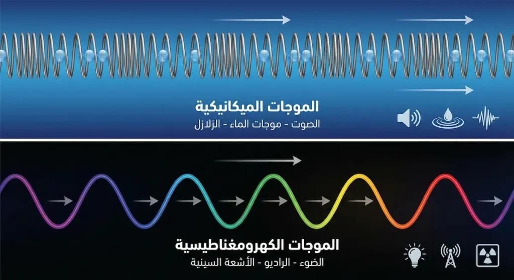  رسم توضيحي يقارن بين الموجات الميكانيكية التي تحتاج وسطاً مادياً والموجات الكهرومغناطيسية التي تنتقل في الفراغ