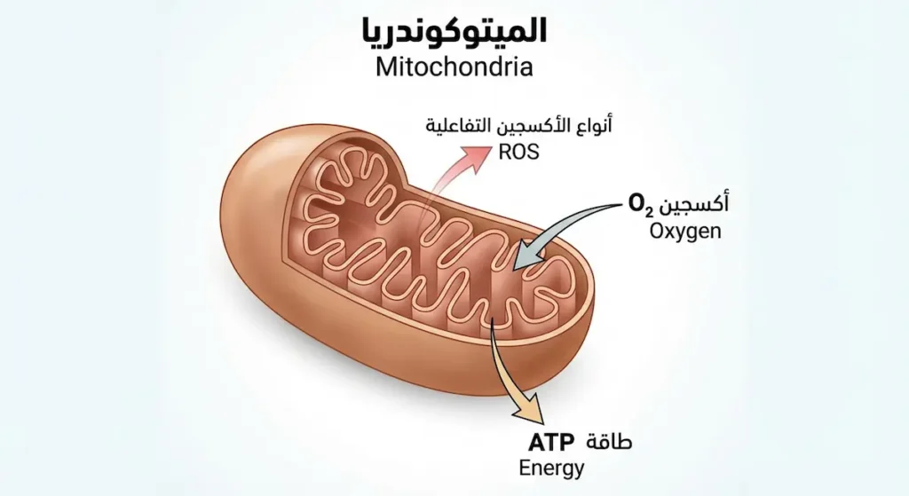 رسم توضيحي لميتوكوندريا يُظهر دخول الأكسجين وخروج الطاقة مع تسرب نسبة صغيرة كأنواع أكسجين تفاعلية