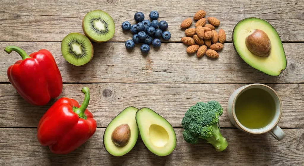 صورة واقعية لمجموعة أطعمة غنية بمضادات الأكسدة تشمل الفلفل الأحمر والكيوي والتوت واللوز والأفوكادو والبروكلي والشاي الأخضر على طاولة خشبية