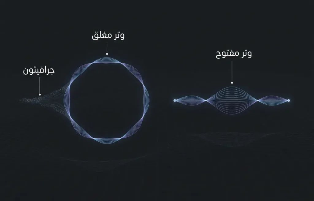 رسم ثلاثي الأبعاد يوضح الفرق بين الوتر المفتوح والوتر المغلق مع الإشارة إلى الجرافيتون