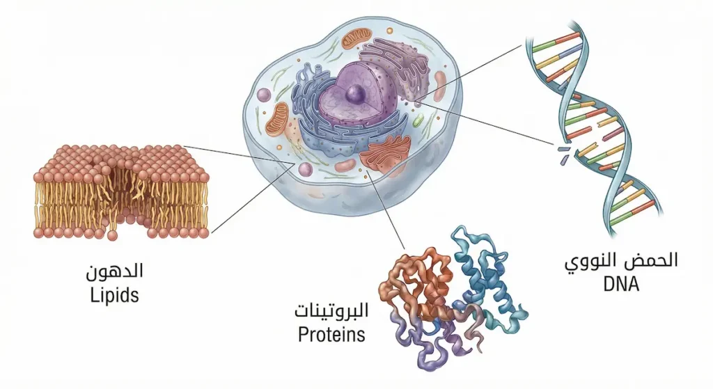 رسم توضيحي يُظهر الأهداف الثلاثة للتلف التأكسدي وهي الحمض النووي والبروتينات والدهون حول خلية بشرية مركزية