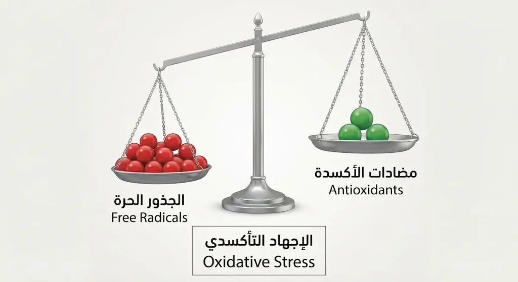 رسم توضيحي لميزان مائل تطغى فيه كفة الجذور الحرة على كفة مضادات الأكسدة مما يمثل حالة الإجهاد التأكسدي
