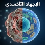 صورة غلاف تُظهر خلية بشرية مكبّرة نصفها سليم ونصفها متضرر بفعل الإجهاد التأكسدي مع عنوان الإجهاد التأكسدي