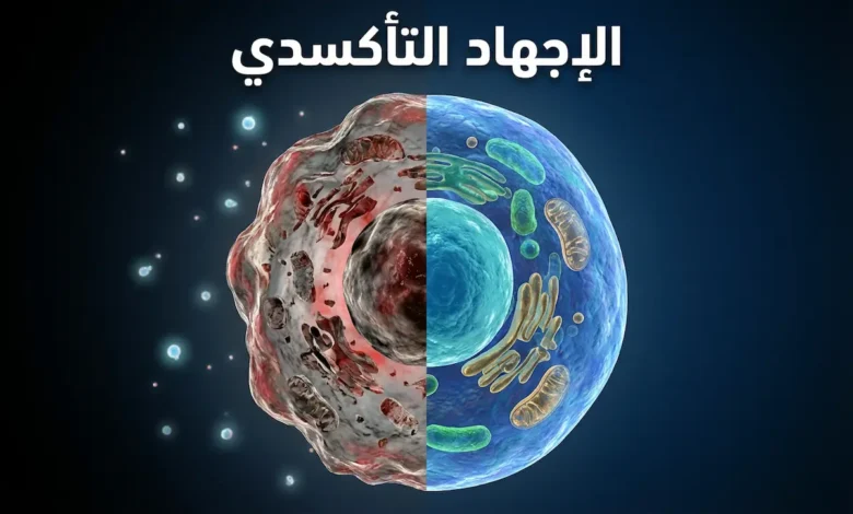 صورة غلاف تُظهر خلية بشرية مكبّرة نصفها سليم ونصفها متضرر بفعل الإجهاد التأكسدي مع عنوان الإجهاد التأكسدي
