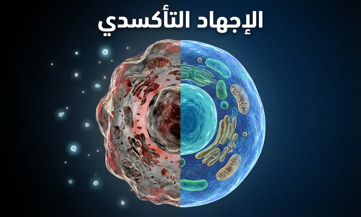 صورة غلاف تُظهر خلية بشرية مكبّرة نصفها سليم ونصفها متضرر بفعل الإجهاد التأكسدي مع عنوان الإجهاد التأكسدي
