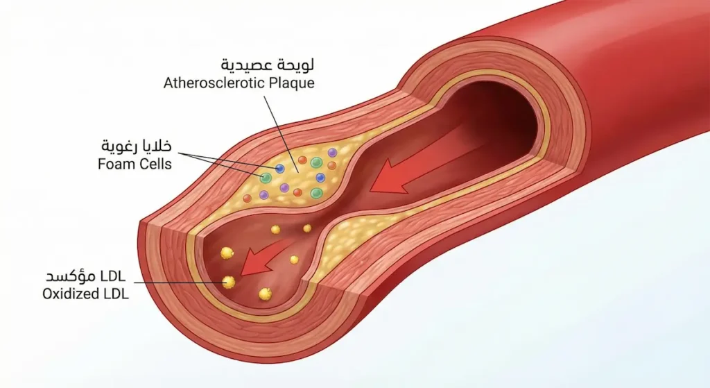 رسم توضيحي لمقطع عرضي في شريان يُظهر تراكم اللويحات العصيدية الناتجة عن تأكسد الكوليسترول منخفض الكثافة وتكوّن الخلايا الرغوية