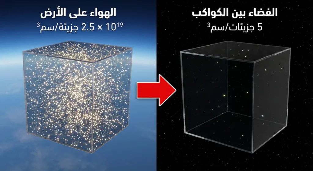 مقارنة بصرية بين كثافة جزيئات الهواء الهائلة على الأرض والكثافة شبه المعدومة في الفضاء