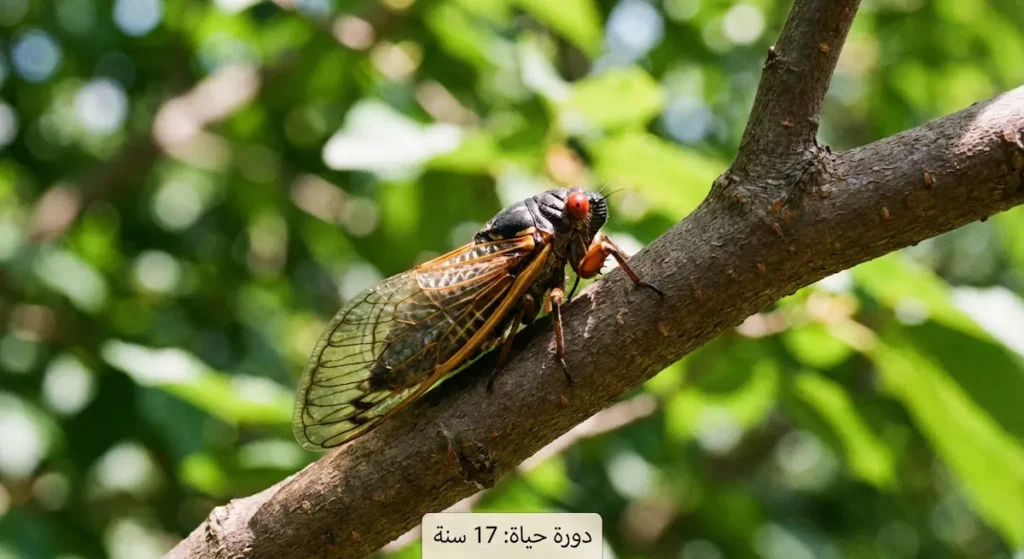 حشرة زيز دورية بعيون حمراء وجسم أسود جاثمة على غصن، تتبع دورة حياة مدتها 17 سنة وهو عدد أولي