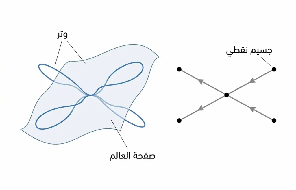 مقارنة بصرية بين تصادم جسيمات نقطية وتفاعل أوتار عبر صفحة العالم