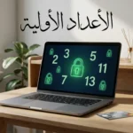شاشة حاسوب تعرض أعداداً أولية مع رمز قفل أمان وبطاقة ائتمانية، تمثل العلاقة بين الرياضيات والأمان الرقمي