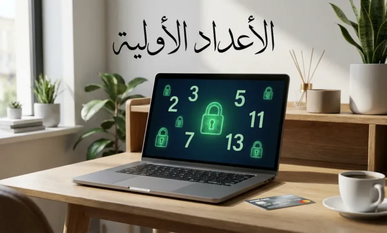 شاشة حاسوب تعرض أعداداً أولية مع رمز قفل أمان وبطاقة ائتمانية، تمثل العلاقة بين الرياضيات والأمان الرقمي