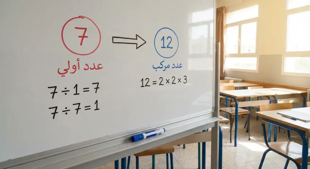 سبورة تعليمية تُظهر مقارنة بين العدد الأولي 7 الذي لا يقبل القسمة إلا على نفسه وعلى 1، والعدد المركب 12 الذي يتحلل إلى 2×2×3