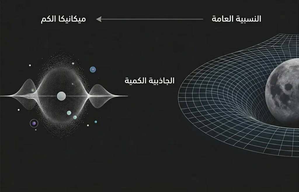 إنفوغراف يقارن بين النسبية العامة وميكانيكا الكم ويبرز مشكلة الجاذبية الكمية بينهما