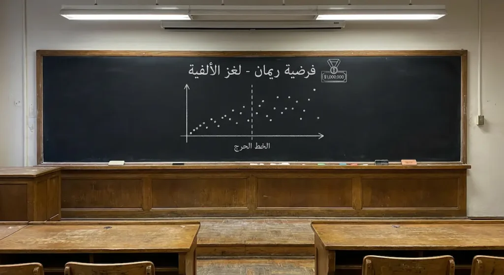 سبورة جامعية تعرض رسماً بيانياً لتوزيع الأعداد الأولية مع الخط الحرج المتعلق بفرضية ريمان، وإشارة لجائزة المليون دولار