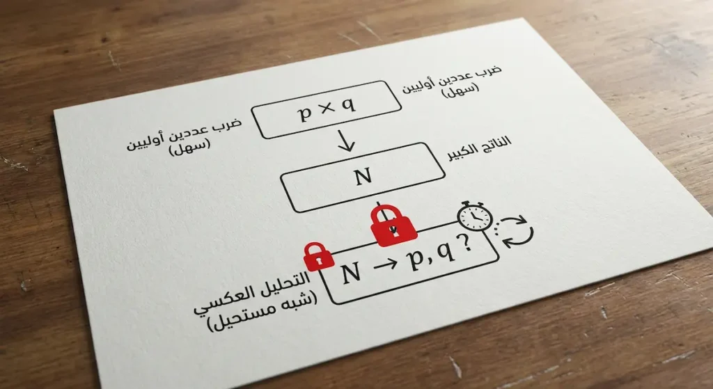  مخطط يوضح أن ضرب عددين أوليين كبيرين سهل حسابياً، لكن تحليل الناتج إلى عامليه الأصليين شبه مستحيل، وهذا أساس أمان التشفير