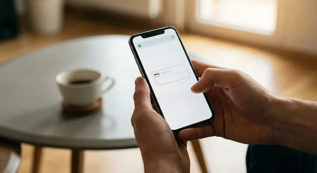 يدان تحملان هاتفاً ذكياً يعرض صفحة دفع إلكتروني آمنة مع رمز قفل، تمثل حماية البيانات المصرفية بالتشفير