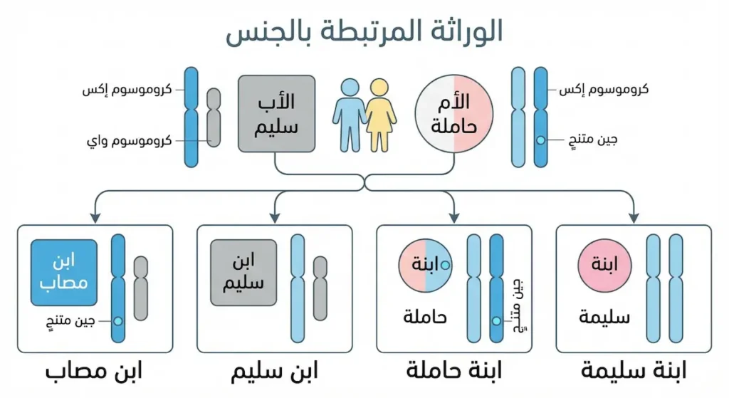  إنفوجرافيك يوضح وراثة مرتبطة بالجنس مع أم حاملة وأب سليم واحتمالات الأبناء.