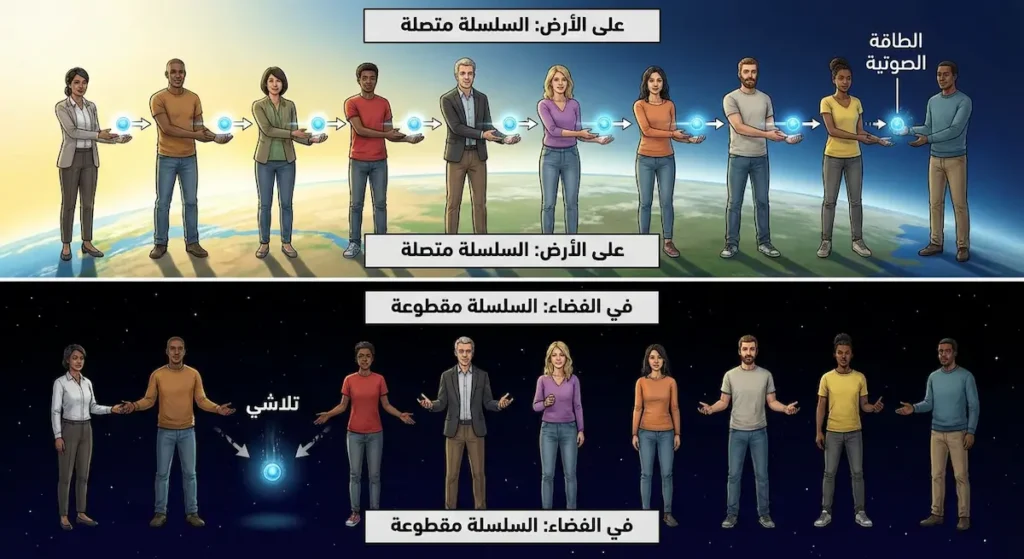 تشبيه بصري يُظهر كيف تنجح سلسلة نقل الطاقة على الأرض وتفشل في الفضاء بسبب تباعد الجزيئات