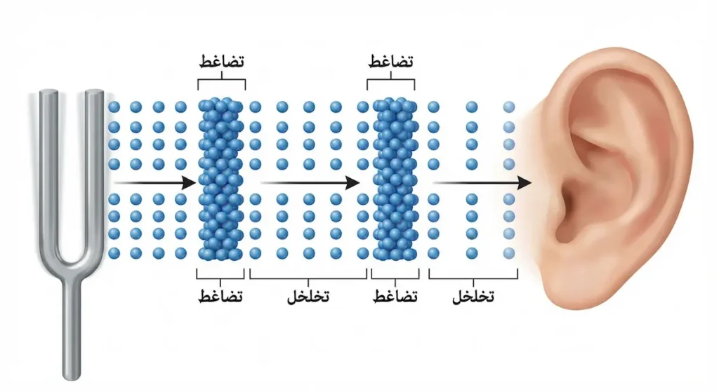 رسم توضيحي يُظهر شوكة رنانة تُصدر موجات صوتية تنتقل عبر جزيئات الهواء بالتضاغط والتخلخل حتى تصل للأذن