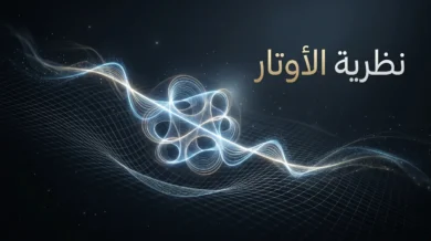 صورة غلاف تمثل وتراً كونيّاً مهتزاً في نسيج الزمكان مع عنوان نظرية الأوتار