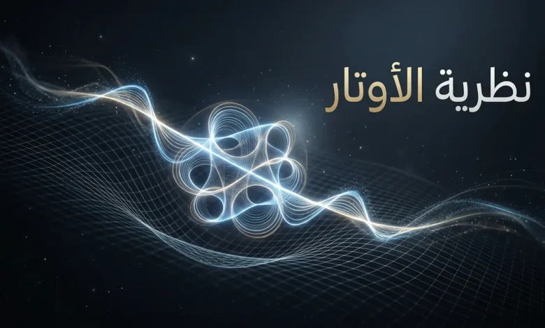 صورة غلاف تمثل وتراً كونيّاً مهتزاً في نسيج الزمكان مع عنوان نظرية الأوتار