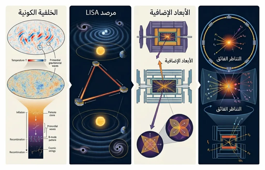 إنفوغراف يشرح المسارات غير المباشرة لاختبار نظرية الأوتار عبر المصادمات والرصد الكوني وموجات الجاذبية.
