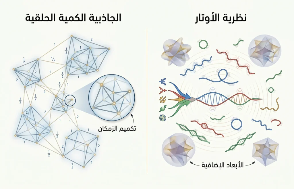 مقارنة بصرية بين نظرية الأوتار والجاذبية الكمية الحلقية من حيث طبيعة البنية الأساسية للواقع