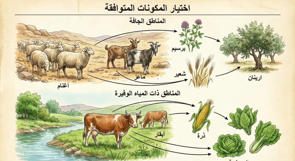 جدول توافق يُظهر المحاصيل والحيوانات المناسبة للمناطق الجافة والمناطق ذات المياه الوفيرة في الوطن العربي
