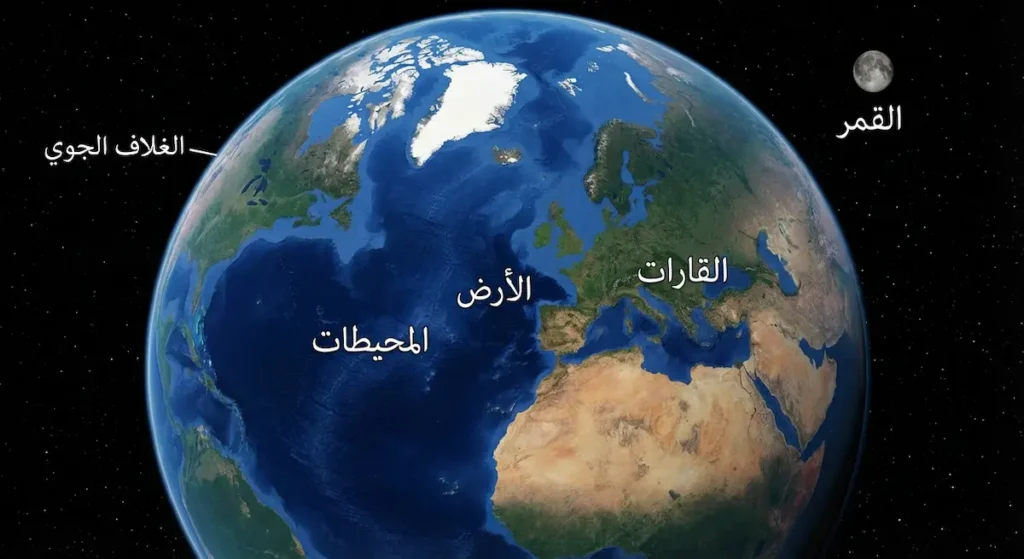 صورة فضائية للأرض تُظهر المحيطات الزرقاء والقارات الخضراء والبنية والسحب البيضاء مع القمر في الخلفية