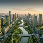 صورة جوية لمدينة مستدامة عصرية تجمع الطاقة الشمسية وطاقة الرياح مع العمارة الخضراء