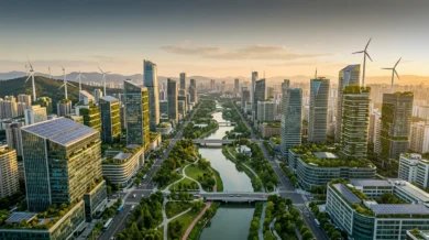 صورة جوية لمدينة مستدامة عصرية تجمع الطاقة الشمسية وطاقة الرياح مع العمارة الخضراء