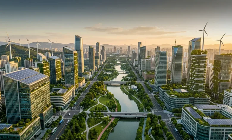 صورة جوية لمدينة مستدامة عصرية تجمع الطاقة الشمسية وطاقة الرياح مع العمارة الخضراء