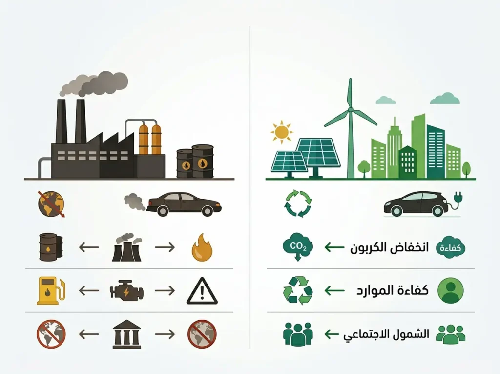 إنفوغرافيك مقارن بين الاقتصاد الأخضر والاقتصاد البني يوضح المبادئ الثلاثة للاقتصاد الأخضر